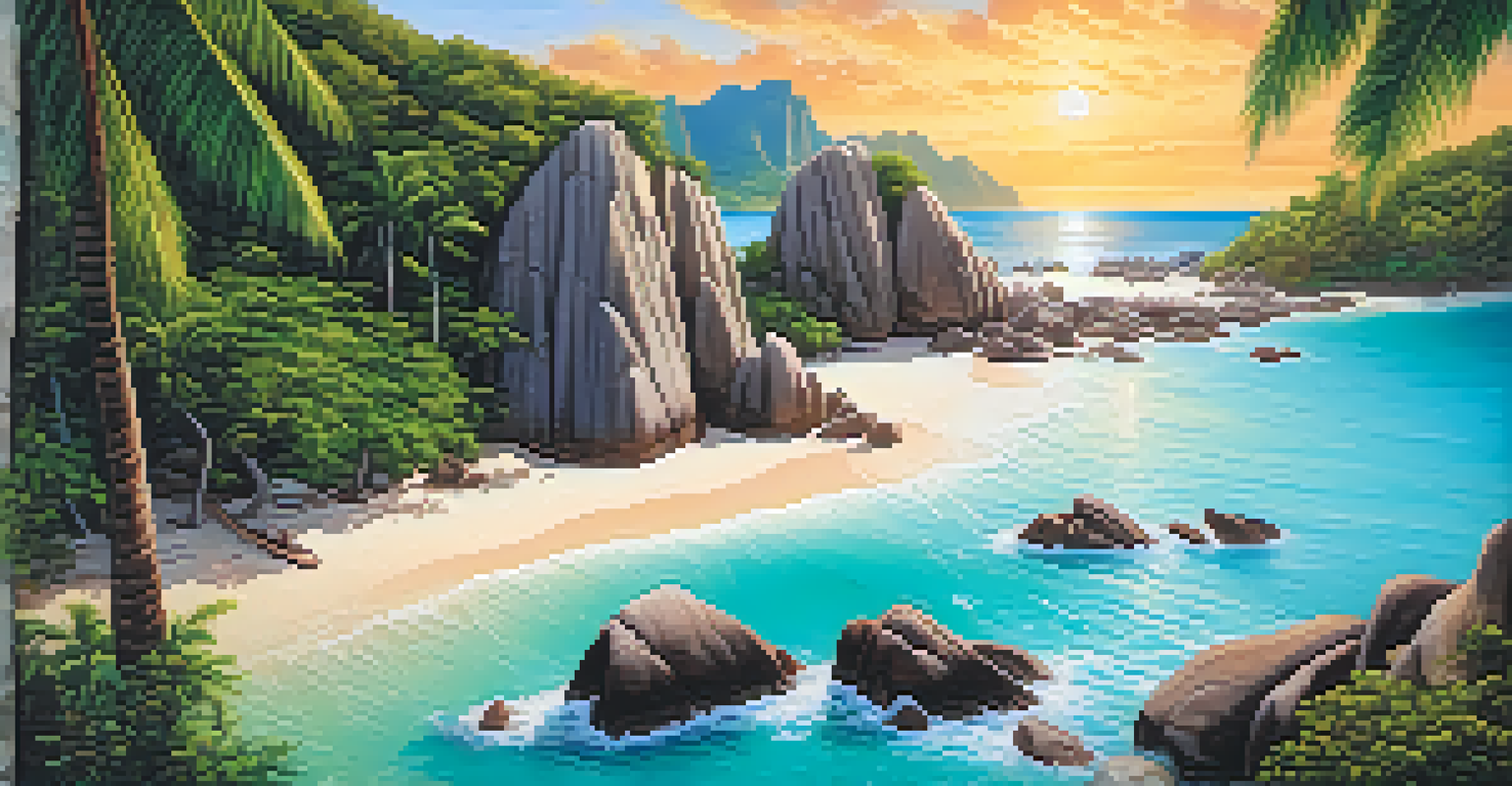 A beautiful aerial view of Anse Source d'Argent with granite boulders, turquoise water, and a sunset glow, featuring a couple having a picnic.