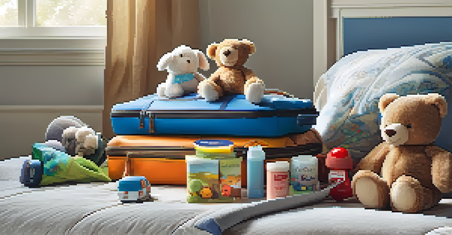 An open travel bag filled with toddler essentials on a bed, illuminated by morning light.