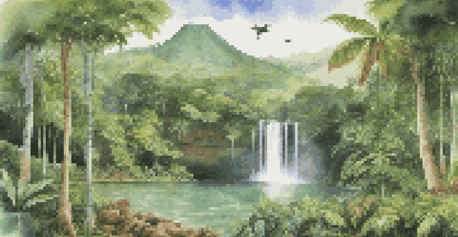 A peaceful Costa Rican rainforest with a waterfall, volunteers planting trees in the foreground, and vibrant wildlife.