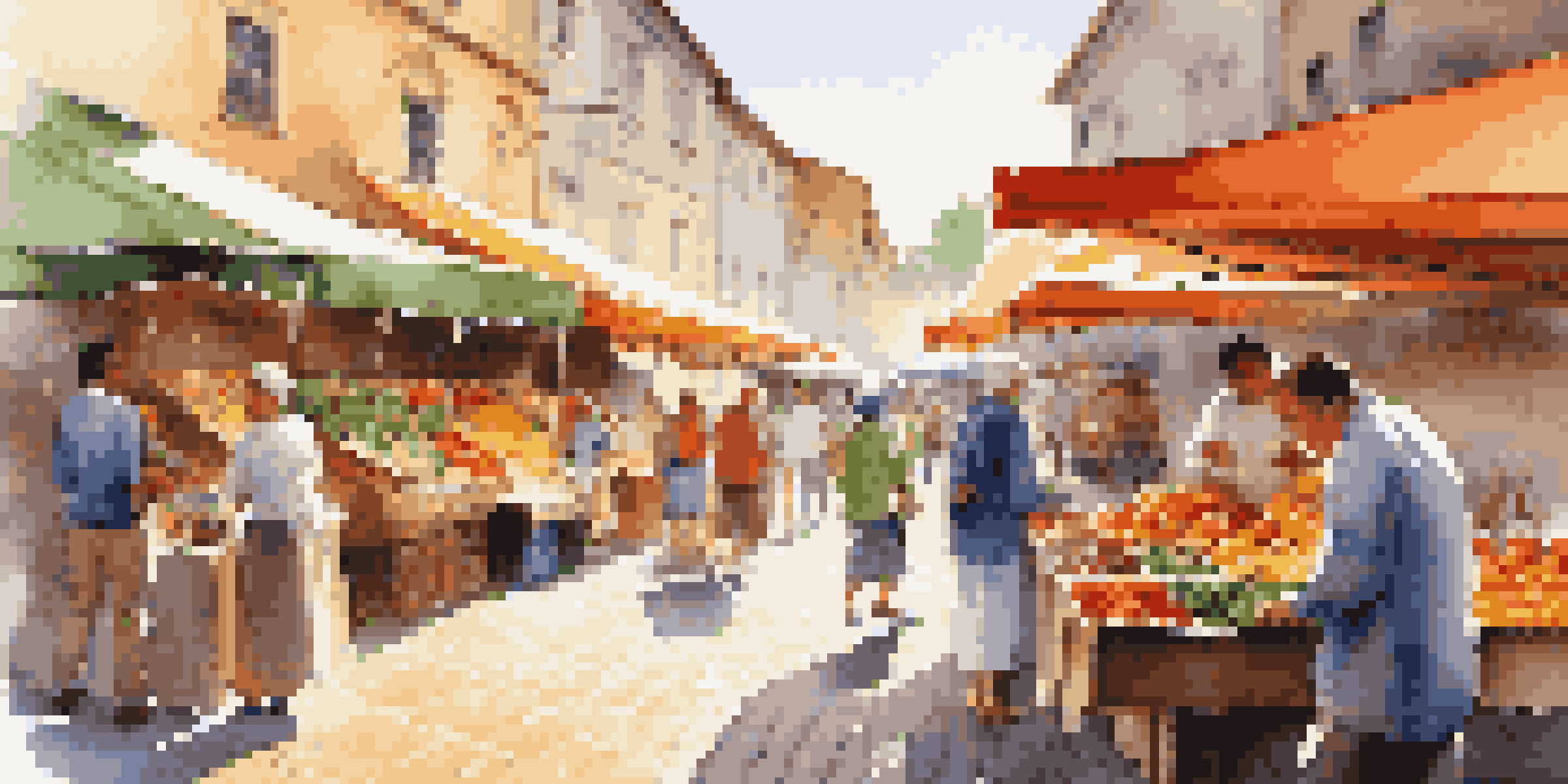 A busy outdoor market with colorful stalls and people interacting with artisans, showcasing local culture and delicacies.