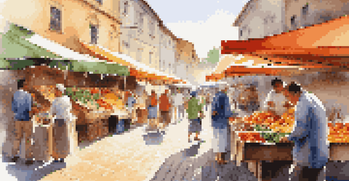 A busy outdoor market with colorful stalls and people interacting with artisans, showcasing local culture and delicacies.