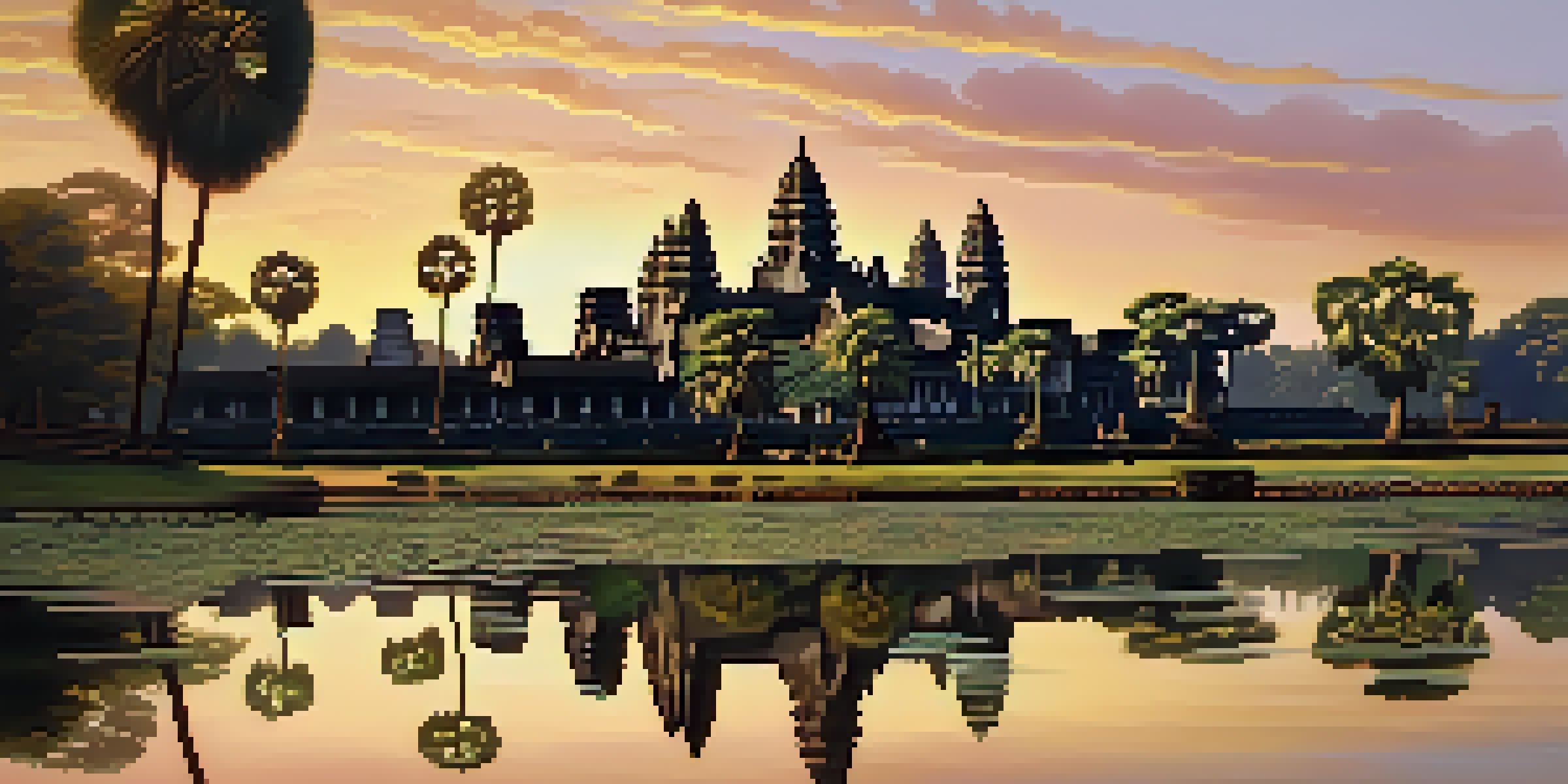 A breathtaking view of Angkor Wat temple at sunrise, with its spires reflected in the water and soft golden light illuminating the carvings.