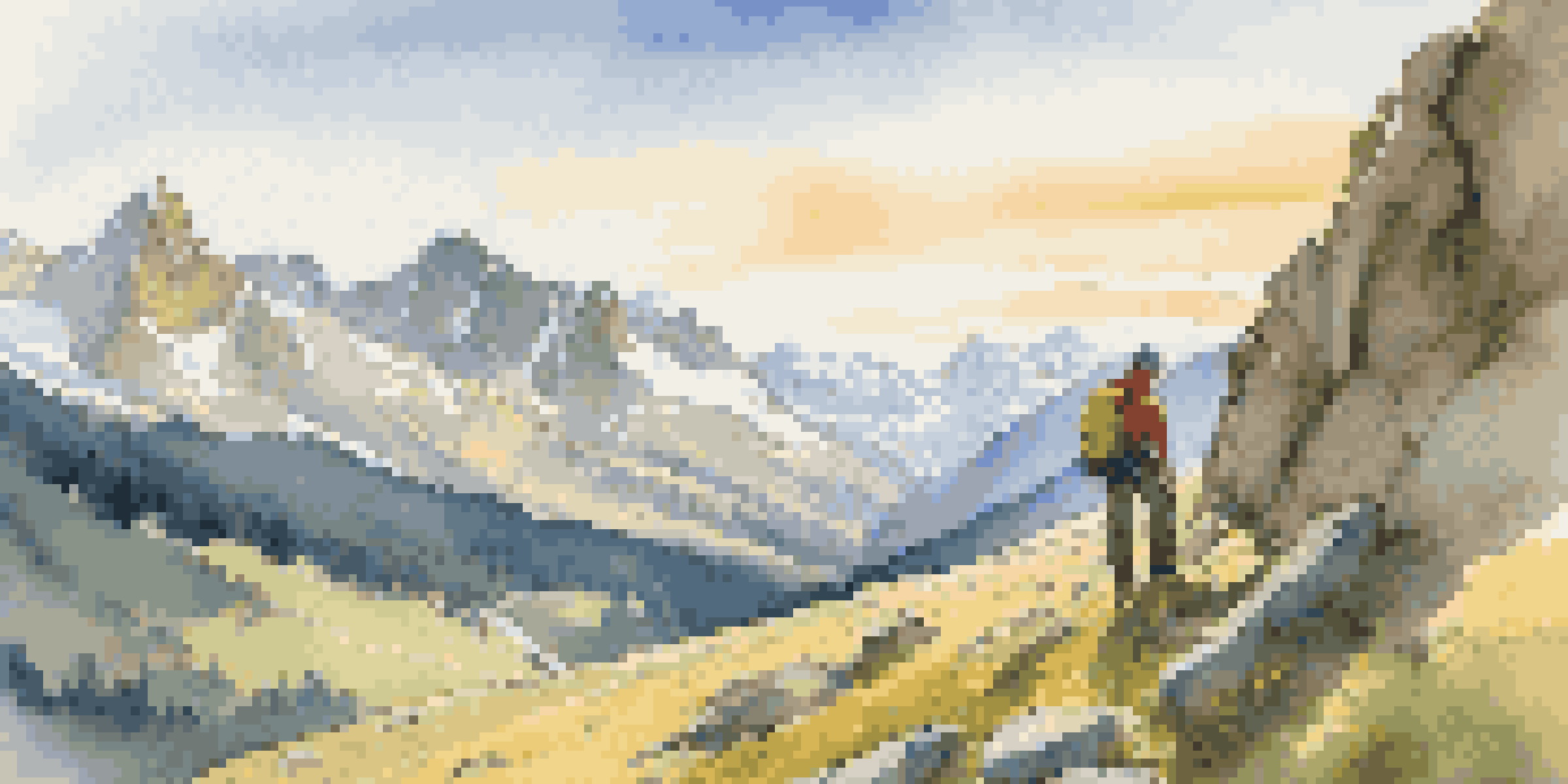 A hiker resting on a rocky outcrop in the Swiss Alps, with snow-capped peaks and a warm golden sunlight.