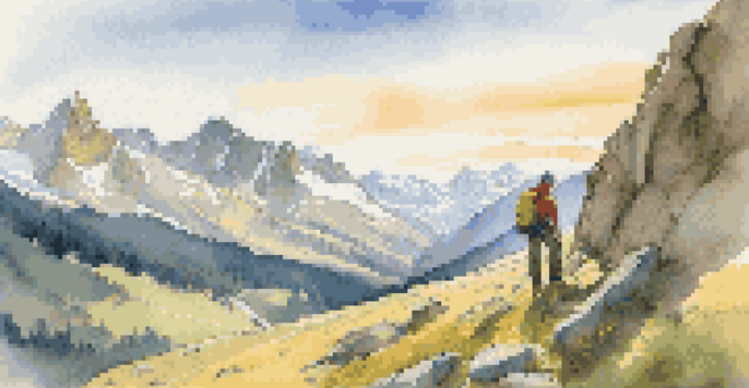A hiker resting on a rocky outcrop in the Swiss Alps, with snow-capped peaks and a warm golden sunlight.