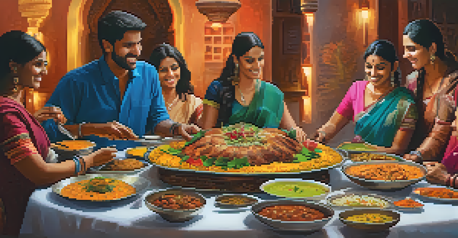 A colorful Indian dining scene with traditional dishes on a platter, people enjoying the meal with intricate textiles and warm lighting.