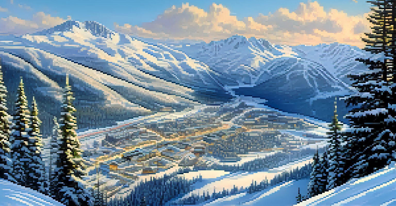 A panoramic view of Whistler Blackcomb ski resort with skiers on the slopes and a vibrant village in the background.