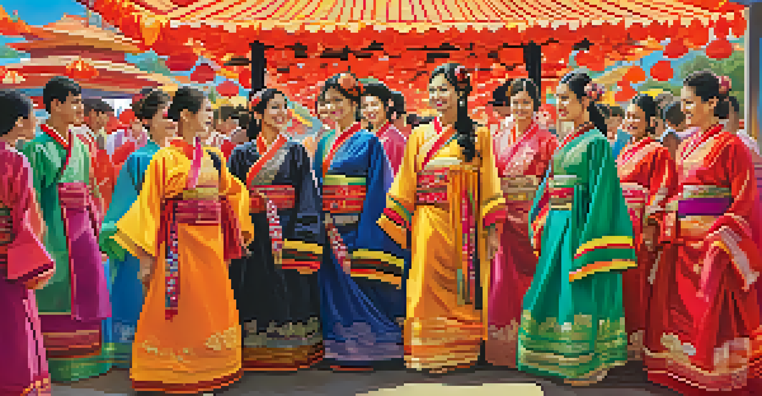 A cultural festival with individuals in traditional garments from various cultures, surrounded by colorful decorations, showcasing joy and diversity.