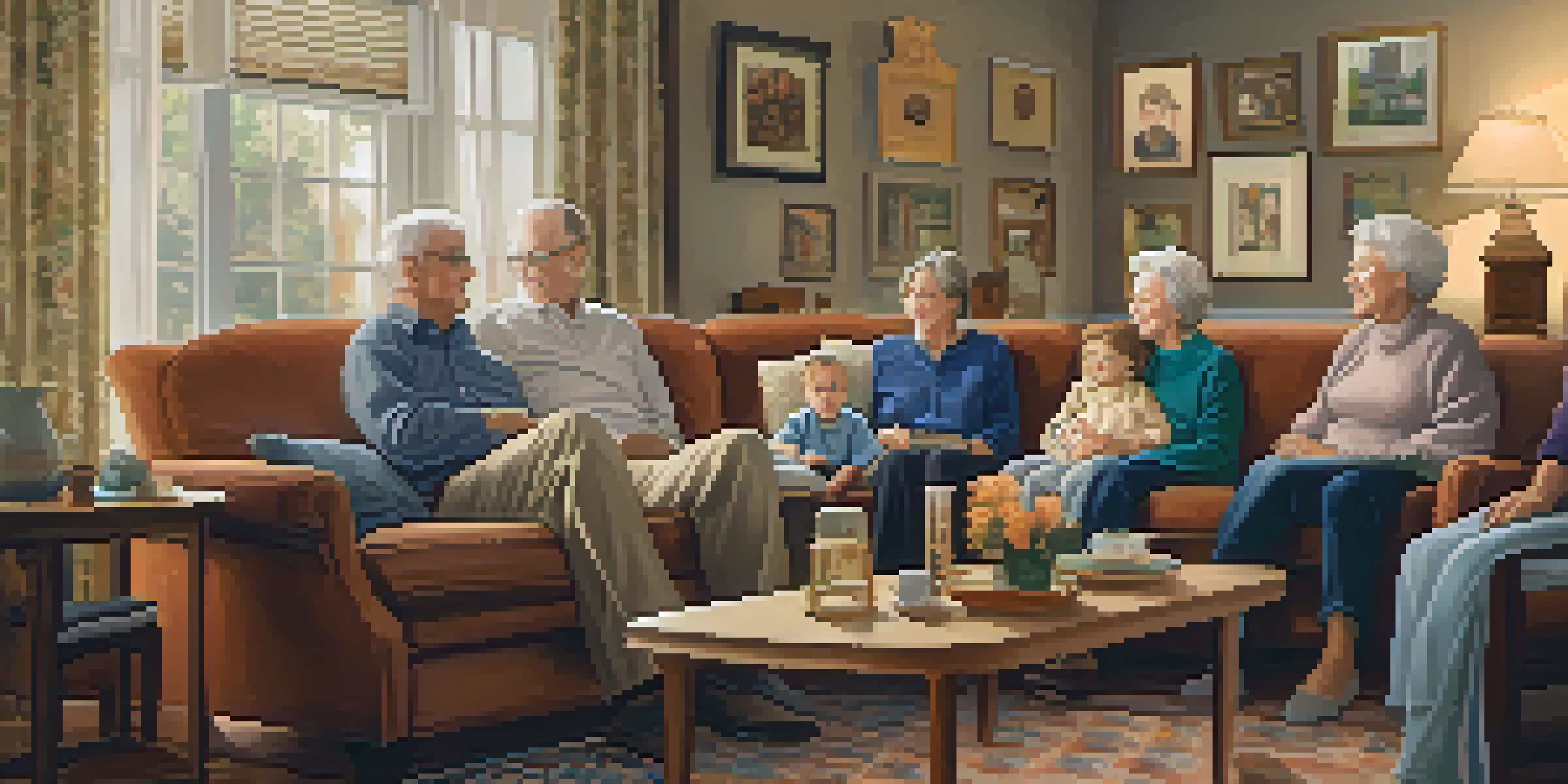 A cozy living room filled with family members of different generations sharing stories, surrounded by family photos and heirlooms.