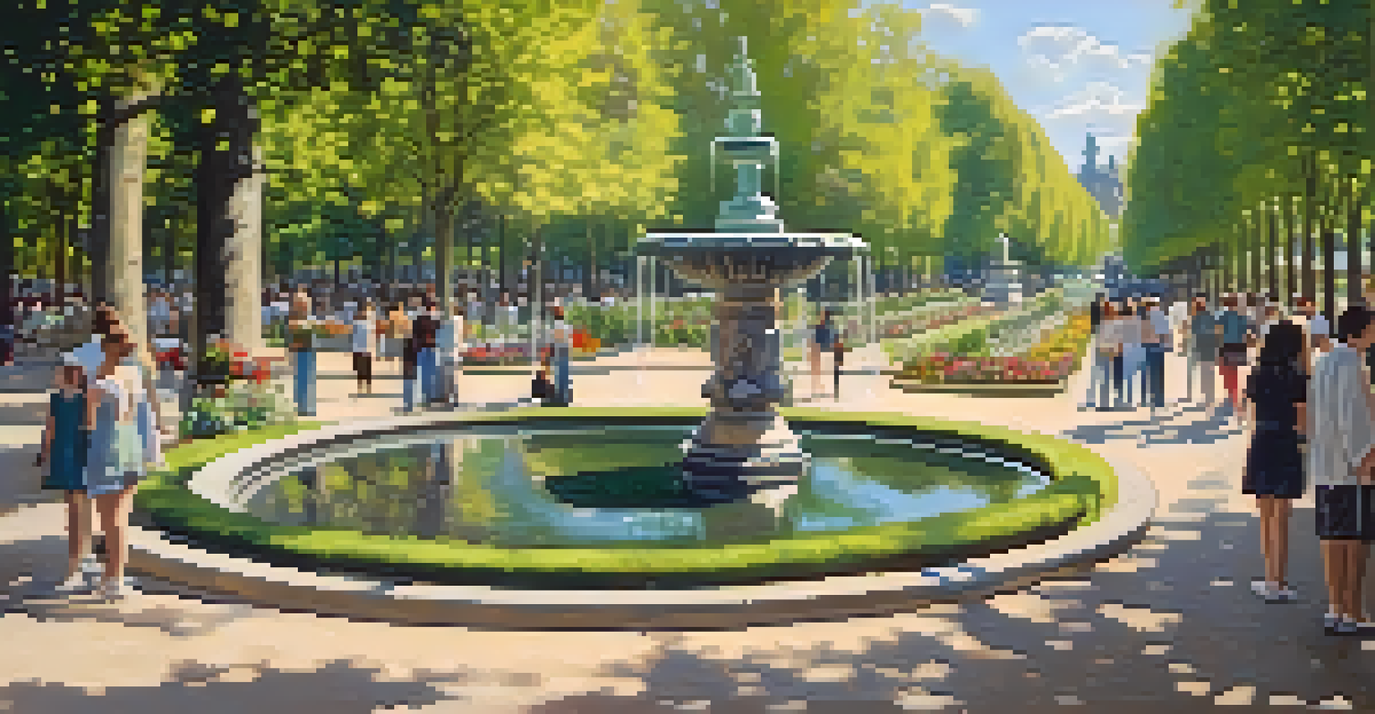 A picturesque view of Luxembourg Gardens in spring, highlighting the Medici Fountain surrounded by vibrant flowers and people enjoying the park.