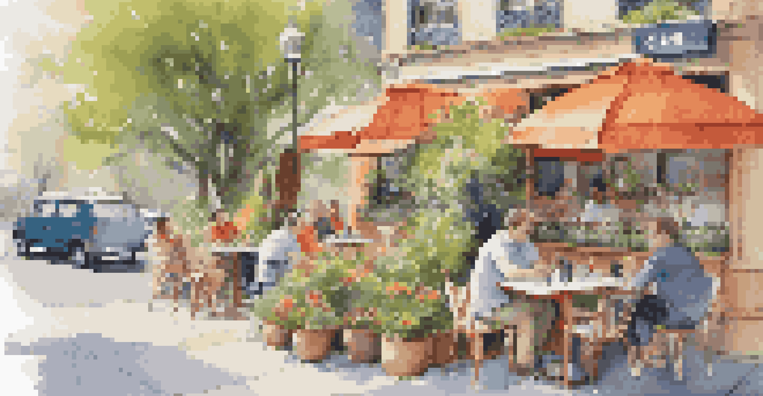 A vibrant café with outdoor seating and a van parked nearby, where people are using laptops and enjoying conversations.