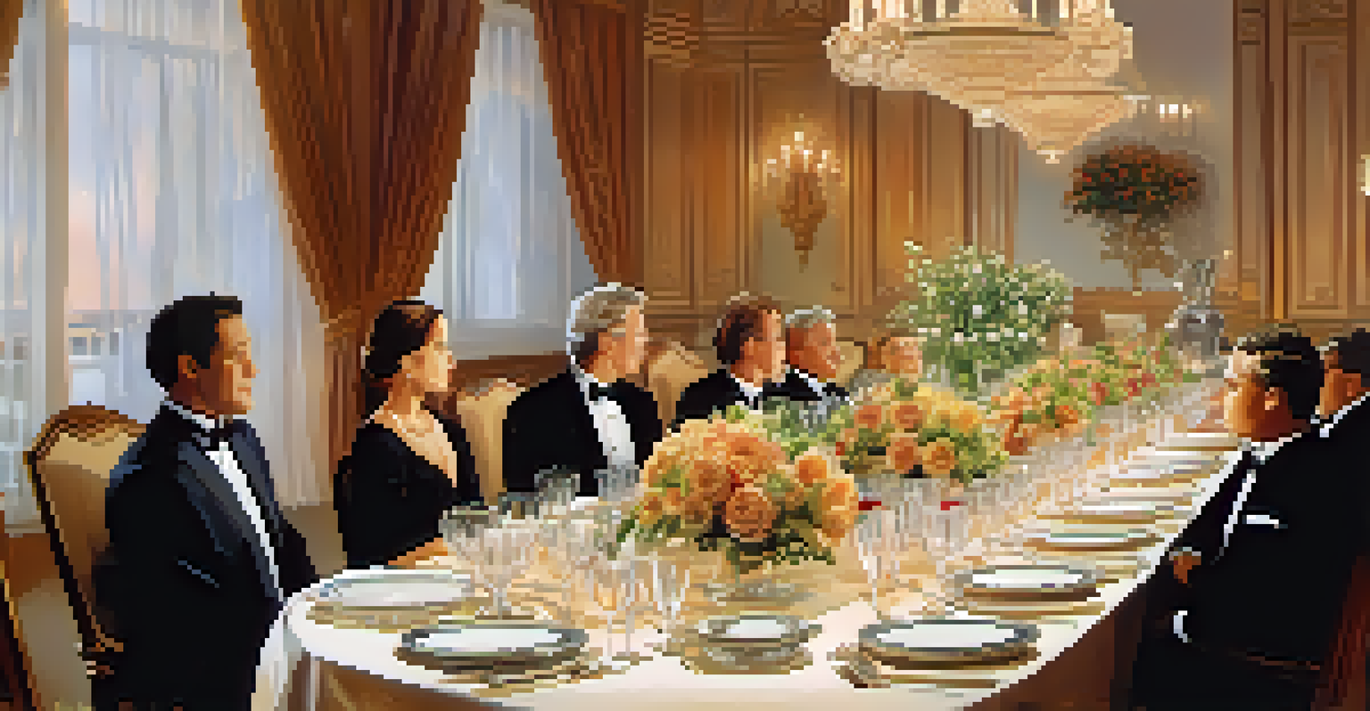 An elegant dining table set for an international business dinner with guests enjoying a meal and engaging in conversation.