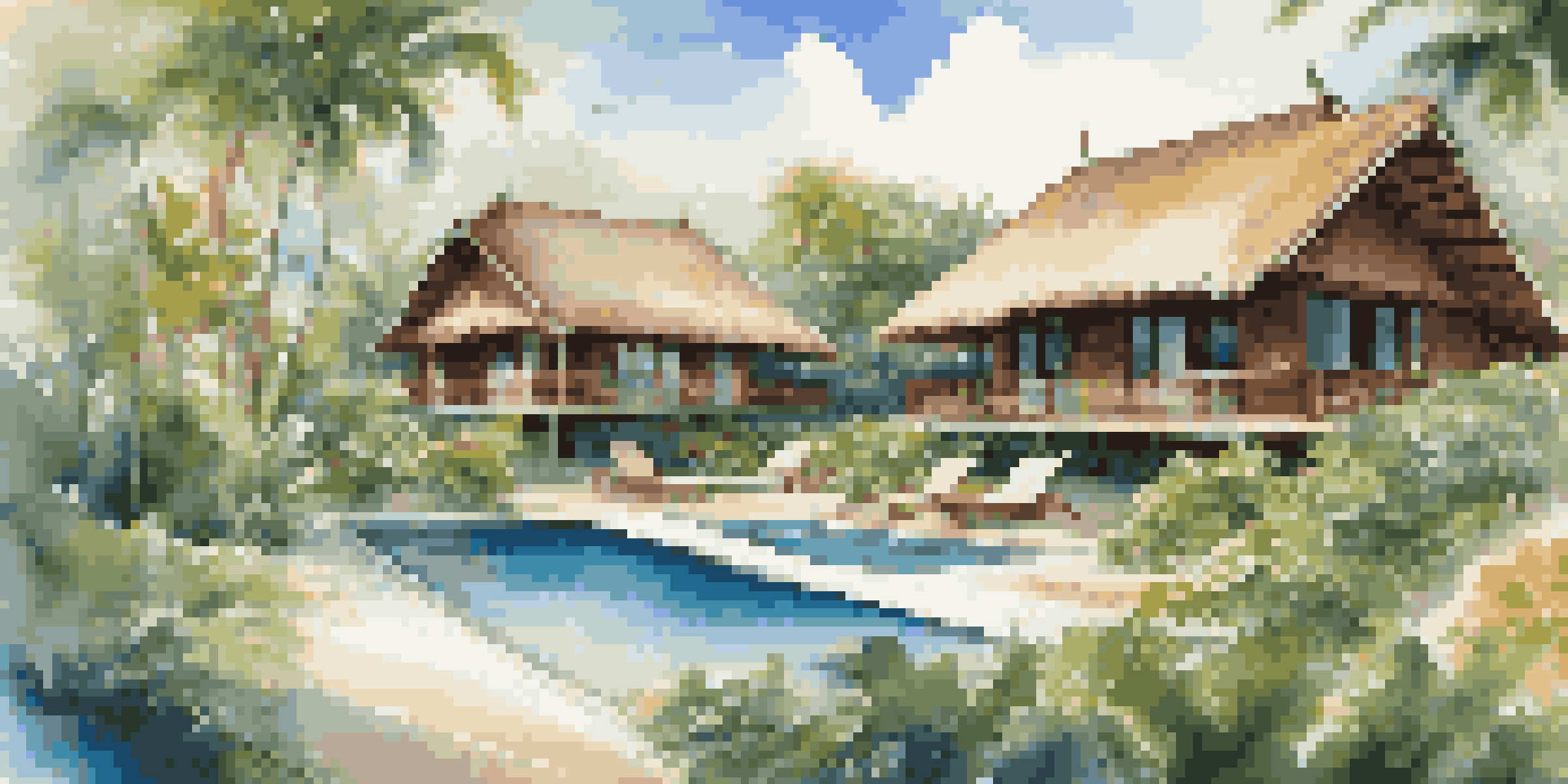 A tranquil eco-friendly luxury resort surrounded by tropical greenery, showcasing wooden bungalows and an infinity pool under a blue sky.