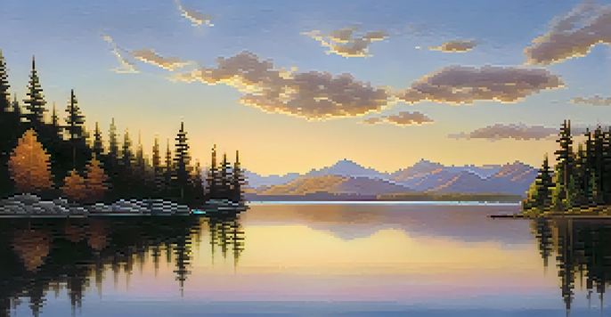 A peaceful lake at sunrise, reflecting mountains and trees, with soft clouds in the sky.