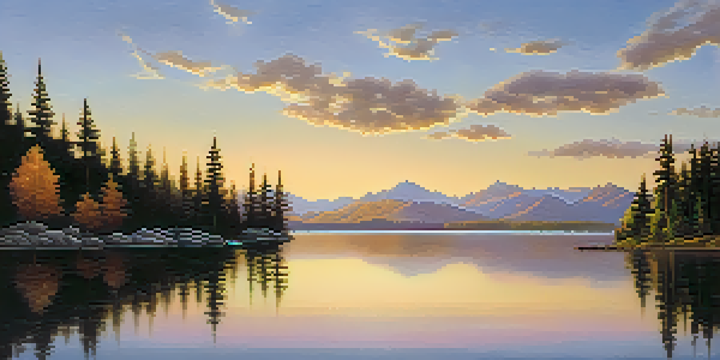 A peaceful lake at sunrise, reflecting mountains and trees, with soft clouds in the sky.