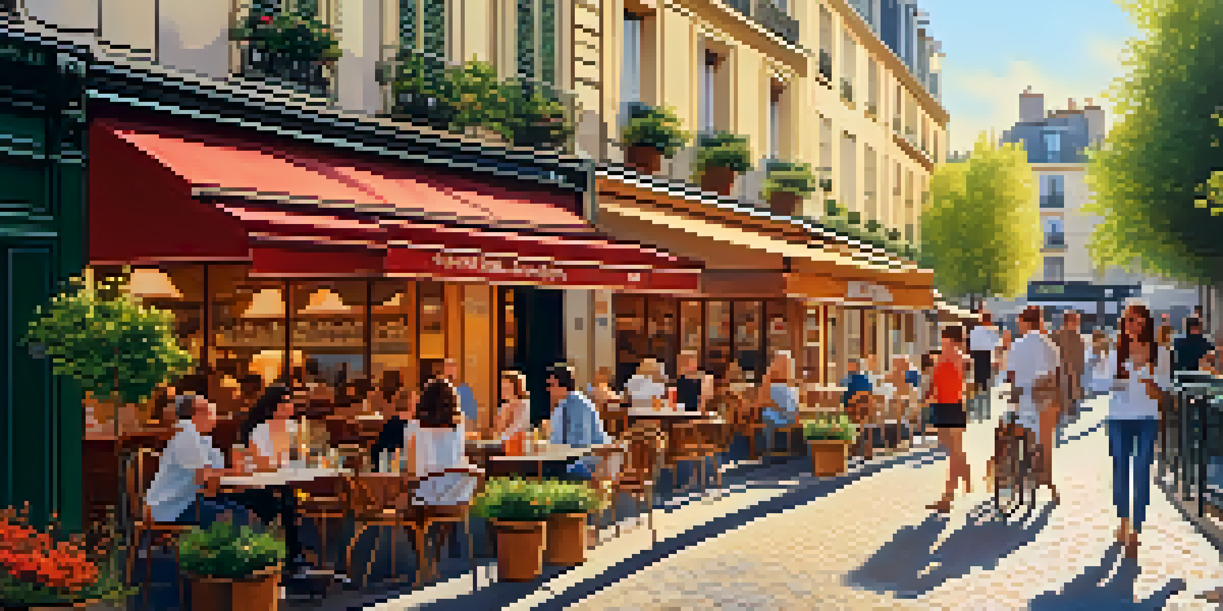 A picturesque street scene in Paris with a cozy café and people enjoying drinks in warm golden light.