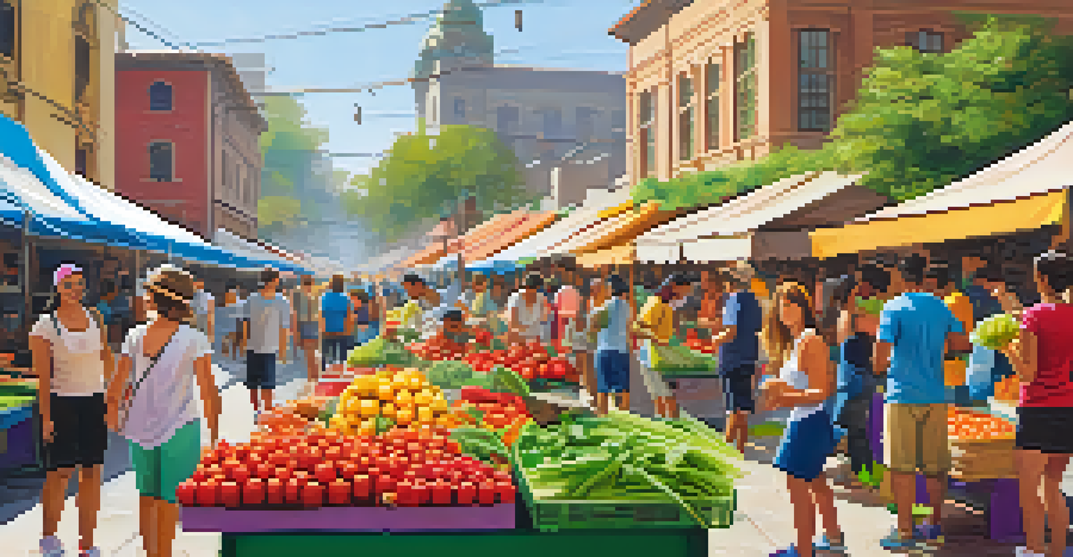 A vibrant open-air market with colorful stalls, featuring friends doing exercises while exploring the market.