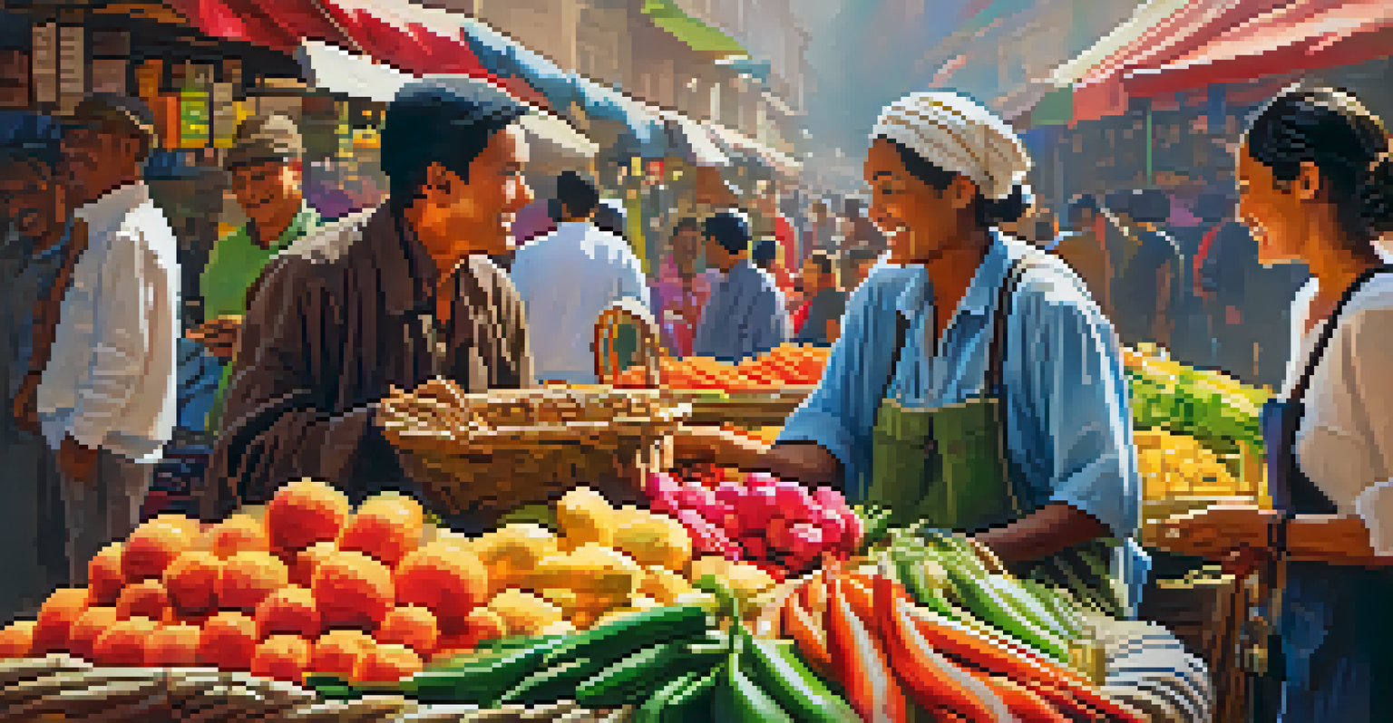 A traveler engaging with a local vendor at a vibrant market filled with fresh produce.