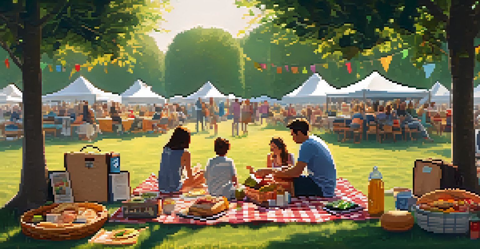 A picnic scene at a music festival with food on a blanket and children playing nearby, creating a relaxed family atmosphere.
