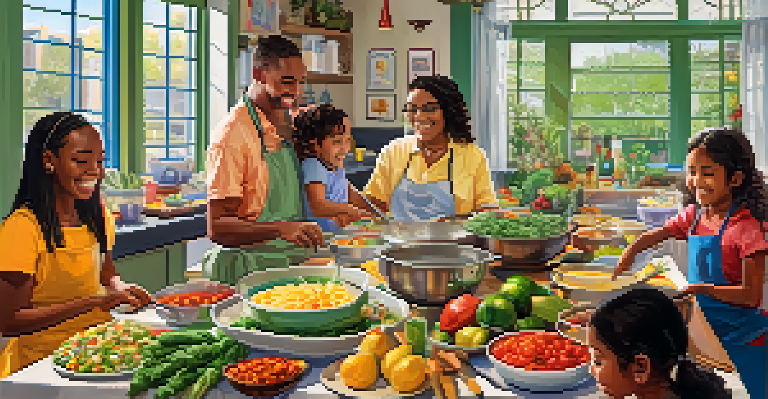 A family participating in a cooking class during a cultural reunion, surrounded by colorful decorations and fresh ingredients.