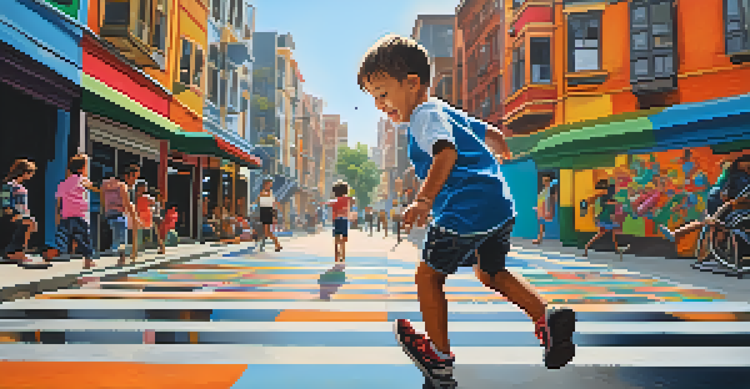 A joyful child playing in a lively city street, surrounded by colorful street art and architecture.