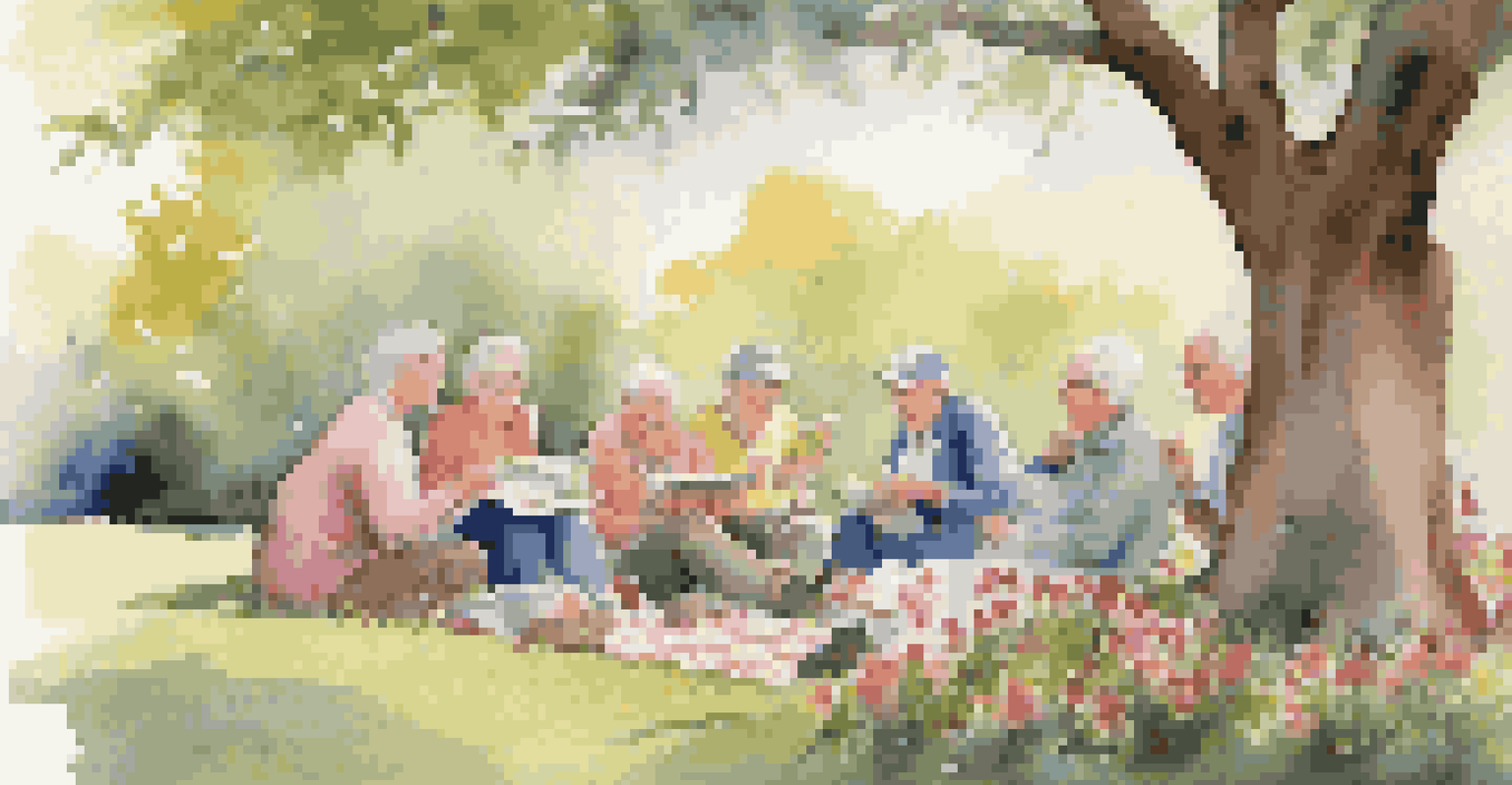 A group of elderly friends sharing stories over a travel journal in a sunny outdoor setting.
