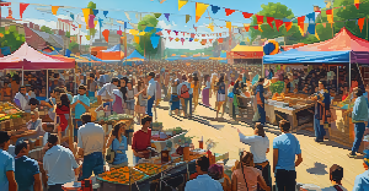 A lively outdoor music festival with a diverse crowd enjoying performances, colorful stalls, and a large stage in the background.
