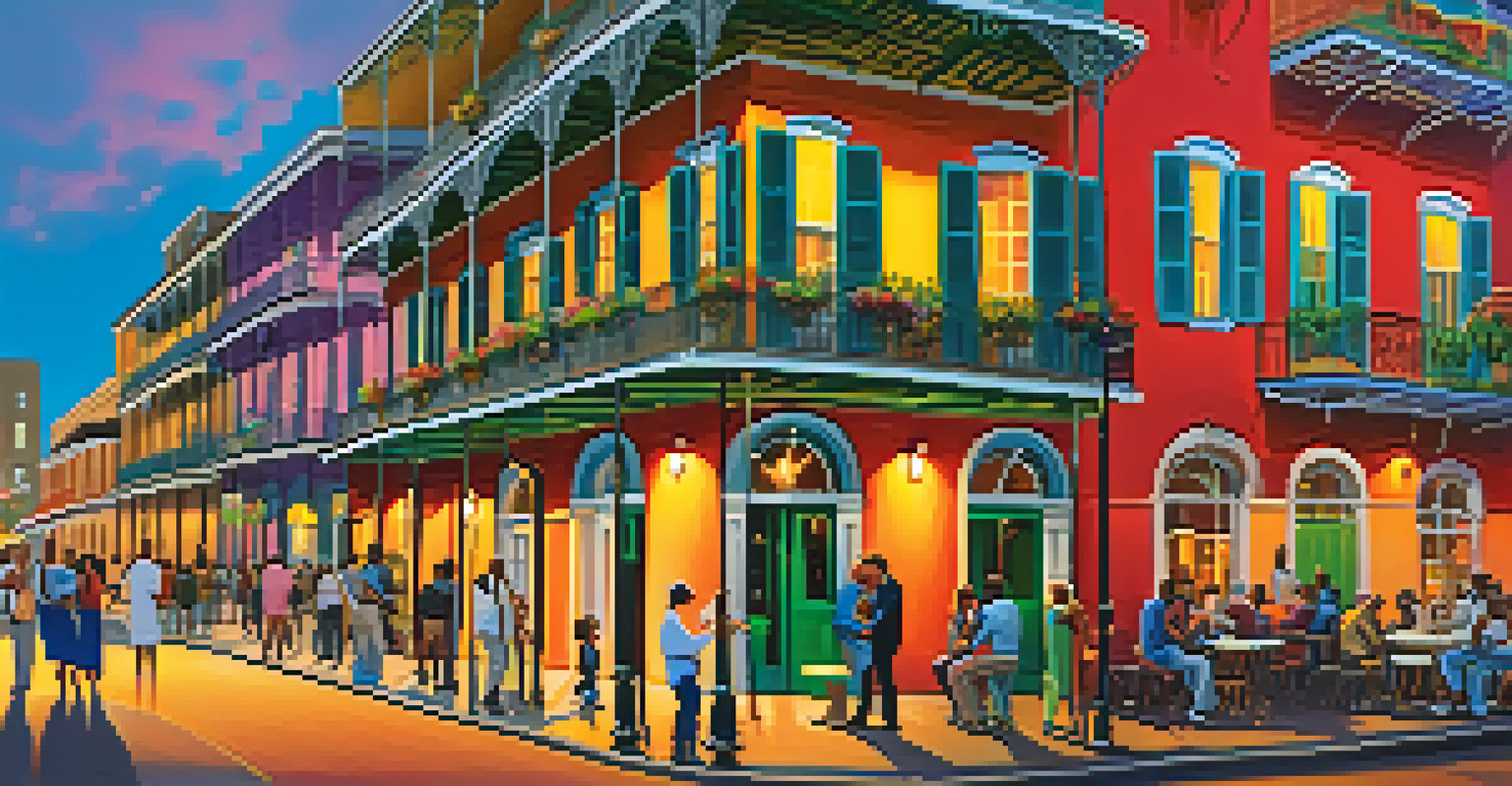 A lively street in New Orleans' French Quarter with musicians playing jazz, colorful buildings, and people enjoying the atmosphere during sunset.