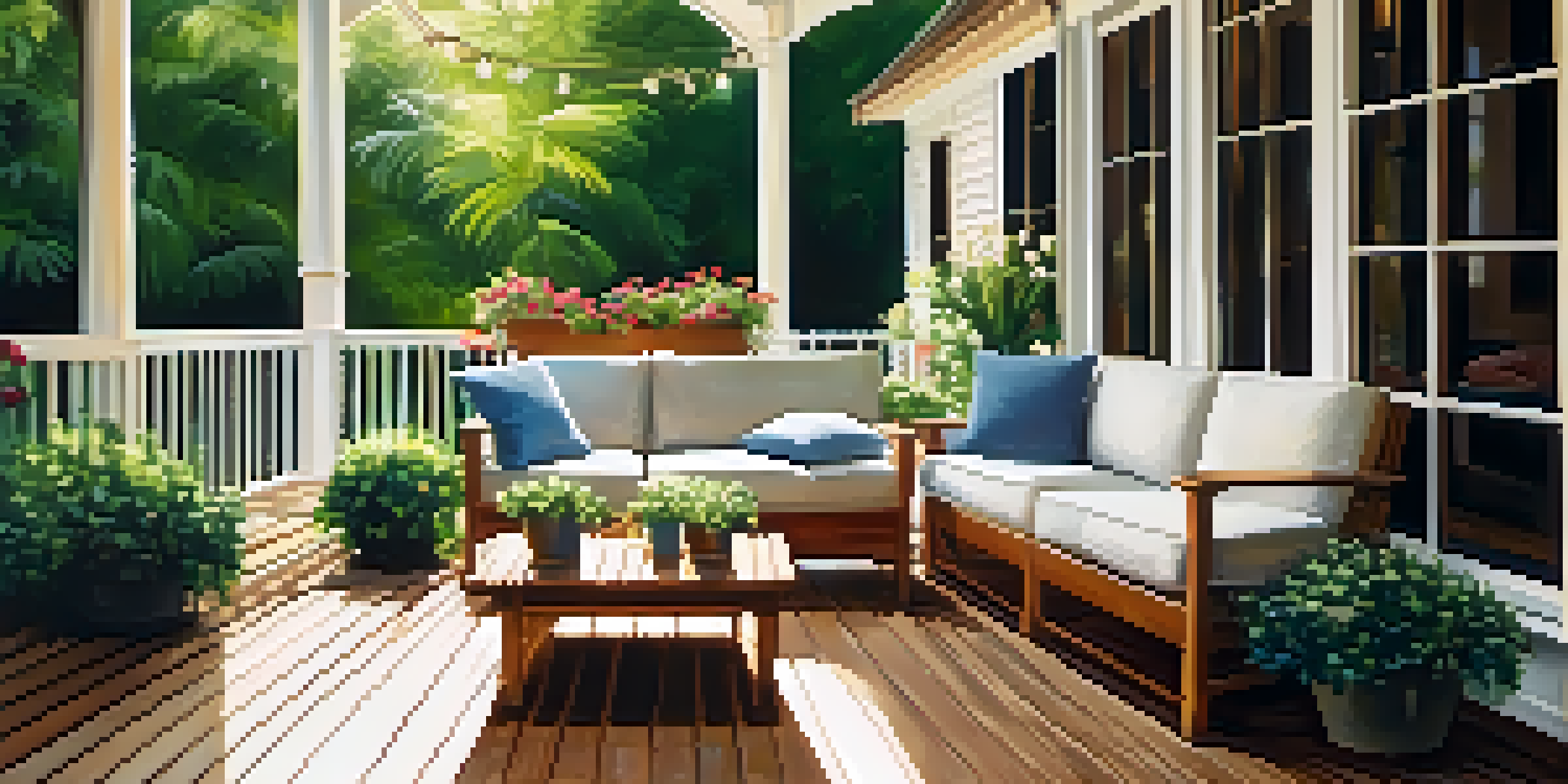An inviting outdoor patio with comfortable seating, surrounded by plants and flowers, illuminated by soft sunlight.