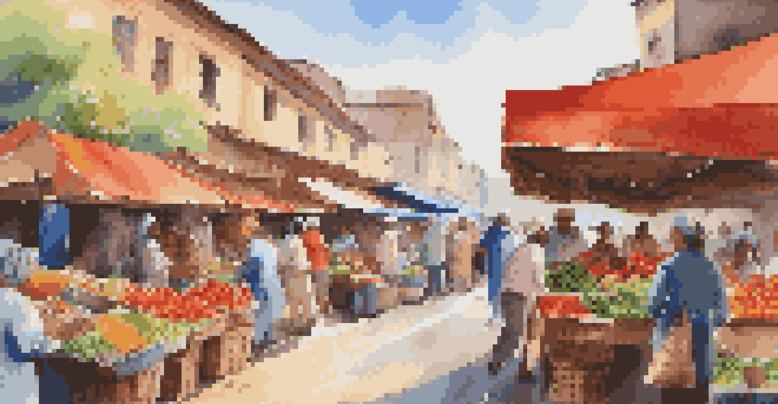 A lively market scene showcasing colorful produce, spices, and crafts with vendors and shoppers.