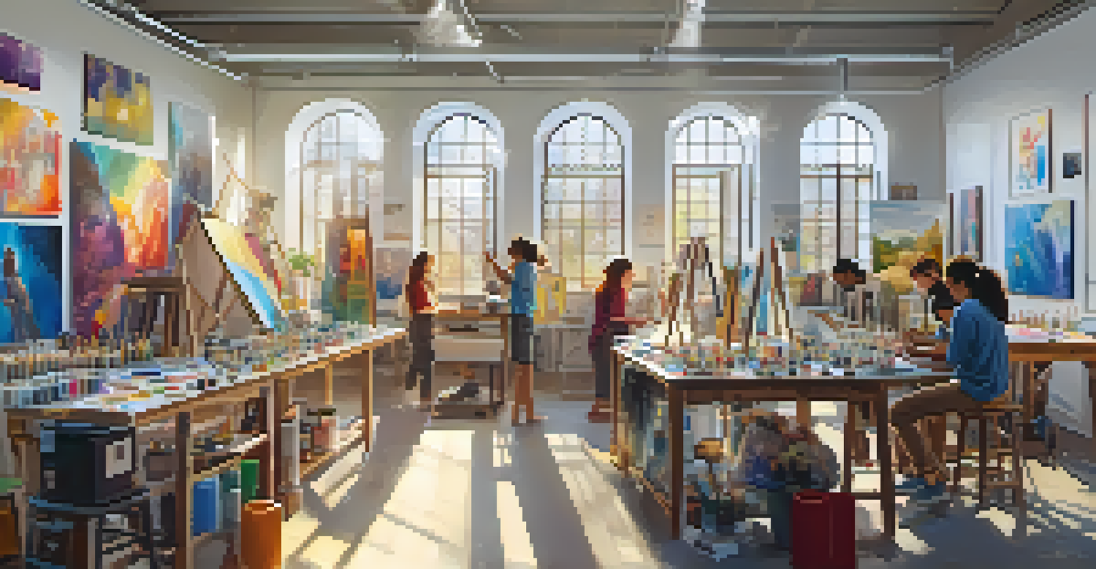Teenagers participating in an art workshop, painting and collaborating in a colorful studio.