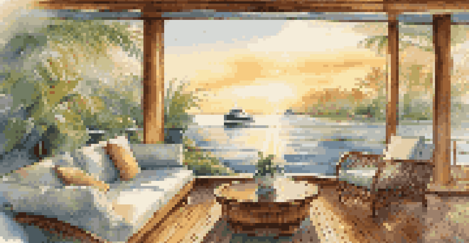 A luxury yacht at sunrise with a cup of coffee on the deck, surrounded by plants and calm water.