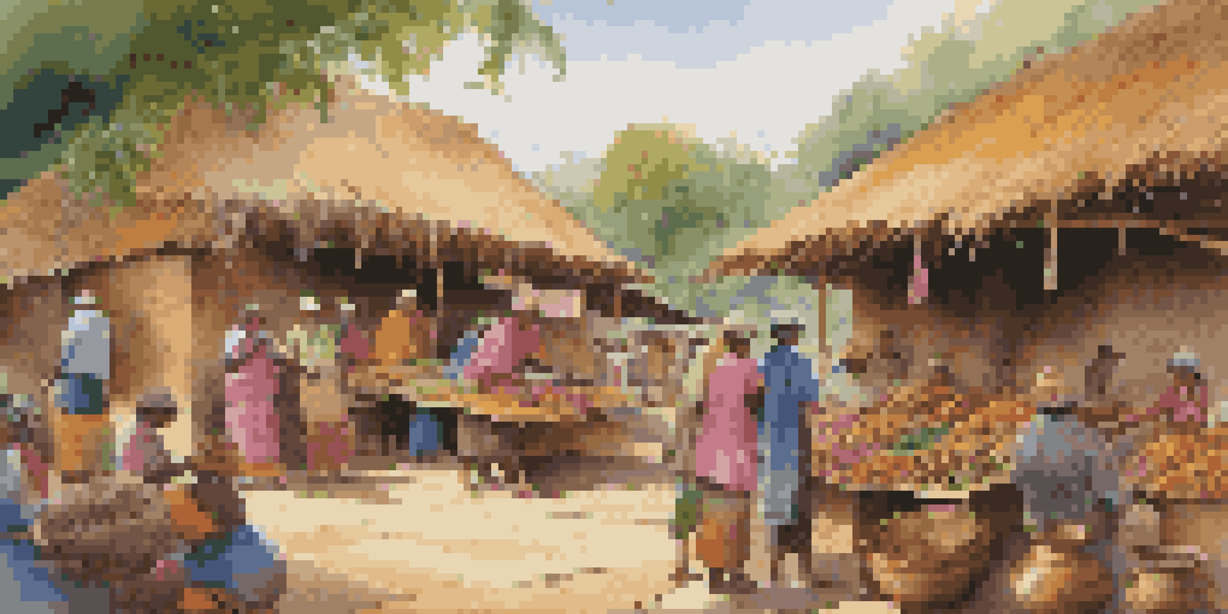A busy market in an indigenous community with artisans selling crafts, surrounded by greenery and traditional houses in warm afternoon light.