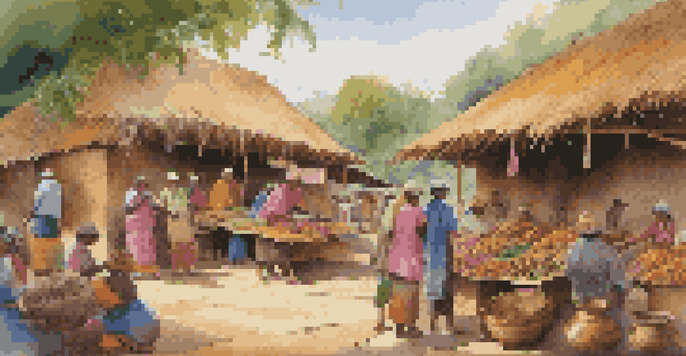 A busy market in an indigenous community with artisans selling crafts, surrounded by greenery and traditional houses in warm afternoon light.