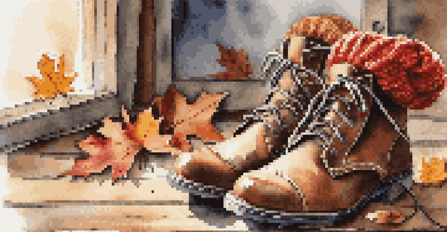 A detailed view of ankle boots, wool socks, and a knitted scarf on a wooden surface, evoking a cozy fall vibe.