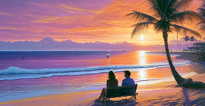 A peaceful beach at sunset with waves, palm trees, and a couple sitting on the sand.