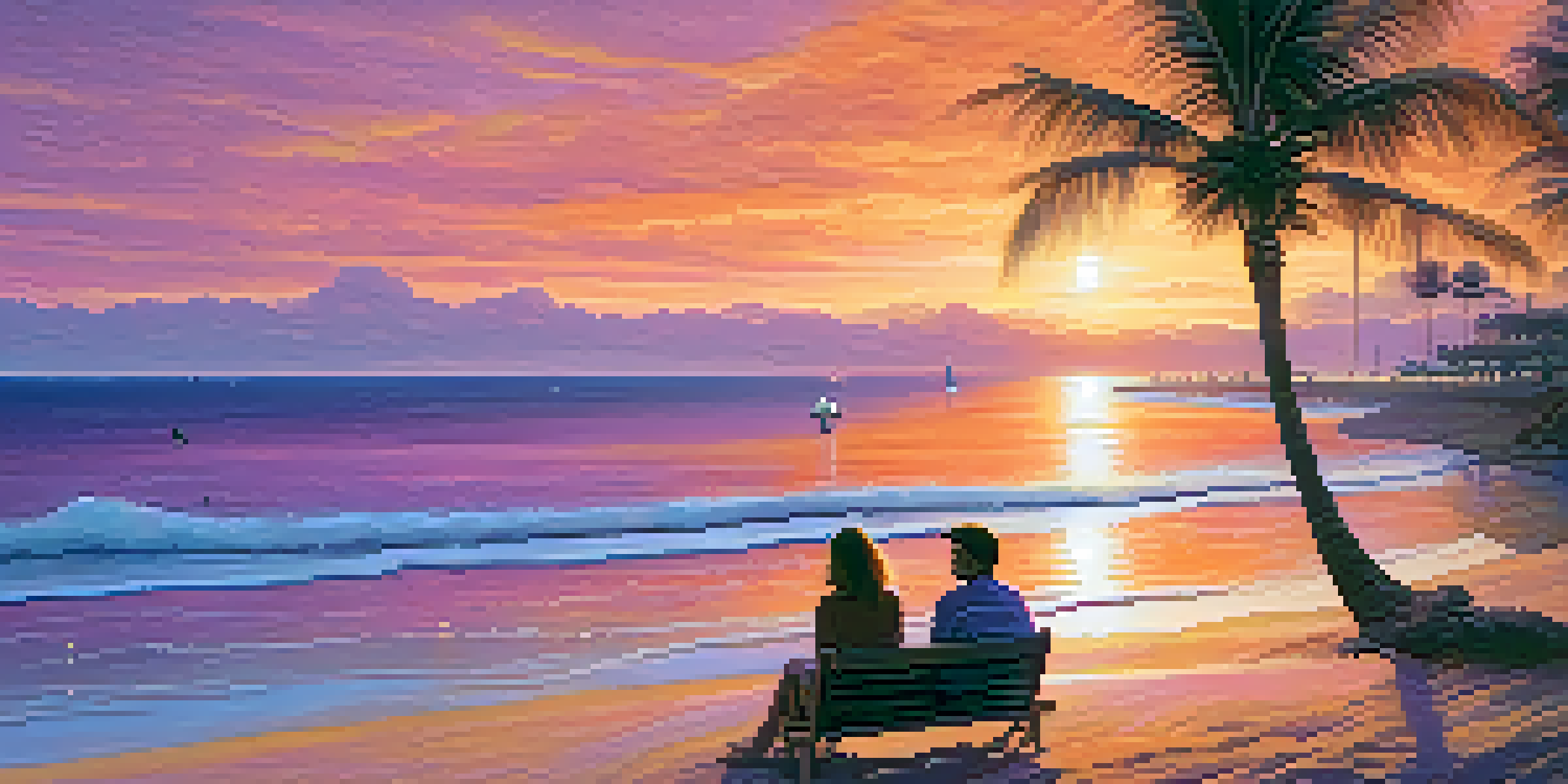 A peaceful beach at sunset with waves, palm trees, and a couple sitting on the sand.