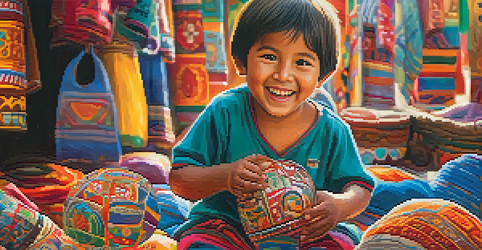 A joyful child holding a colorful traditional toy in a lively marketplace filled with local crafts.