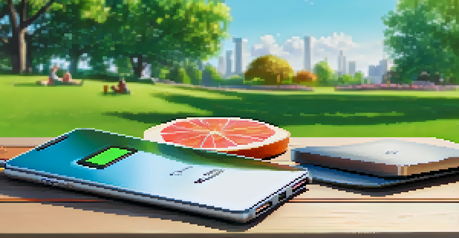 A power bank charging devices on a picnic blanket in a park with flowers and grass.