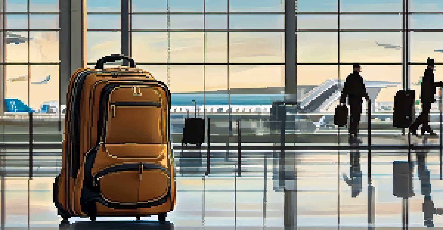 A stylish carry-on backpack next to a suitcase in an airport terminal.