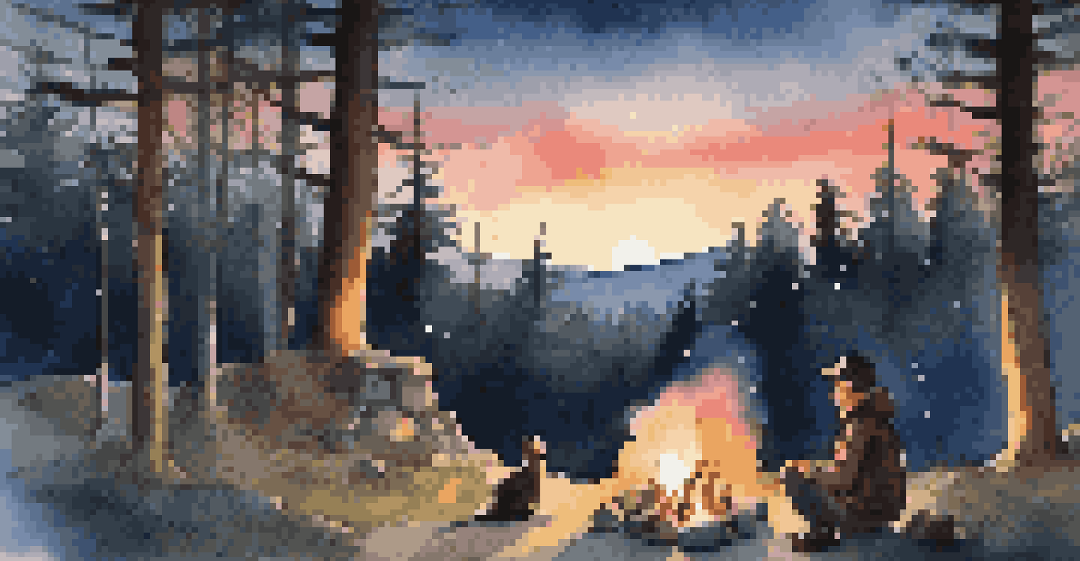 A cozy campsite at dusk with a campfire, a pet owner, and their pet enjoying the moment.
