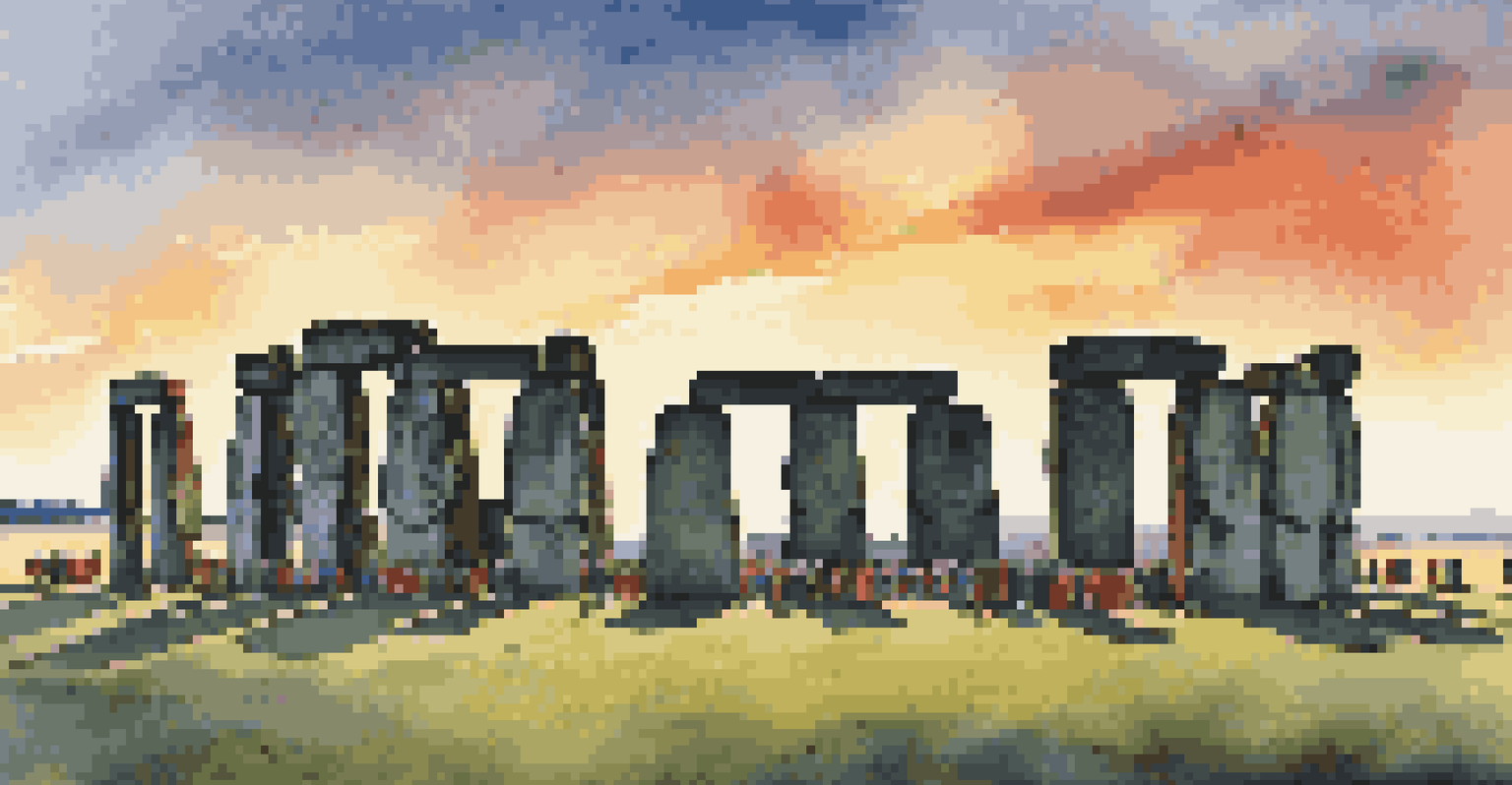 A lively gathering at Stonehenge during the summer solstice, with people celebrating as the sun sets behind the stones.