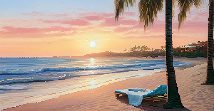 A peaceful beach with soft waves, a sunset sky in golden and pink colors, and a beach towel with a sun hat and sunglasses on the sand.