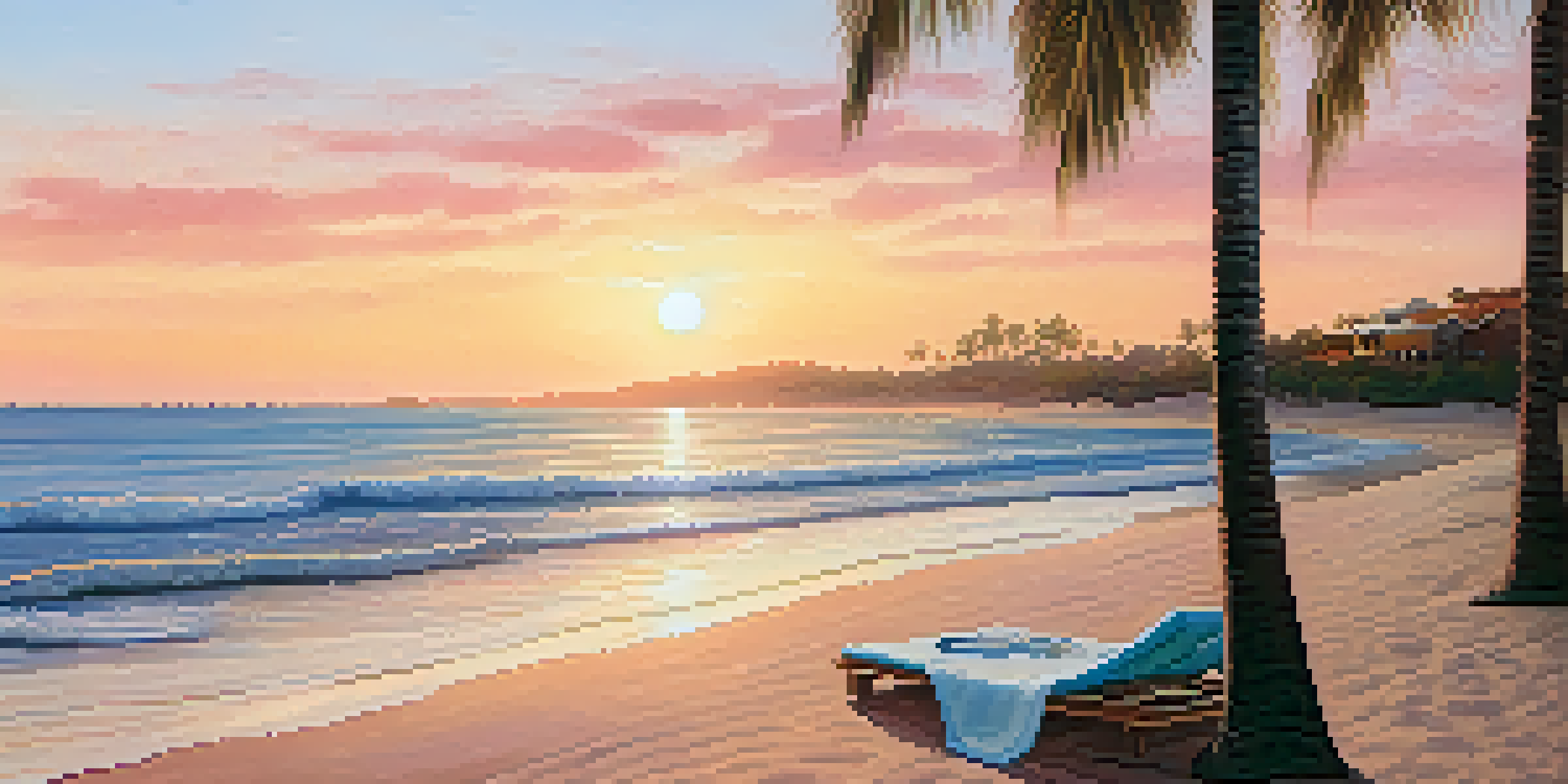 A peaceful beach with soft waves, a sunset sky in golden and pink colors, and a beach towel with a sun hat and sunglasses on the sand.