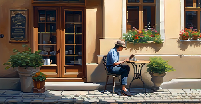 A traveler enjoying coffee at a café while reading an e-book, surrounded by a beautiful European cityscape.