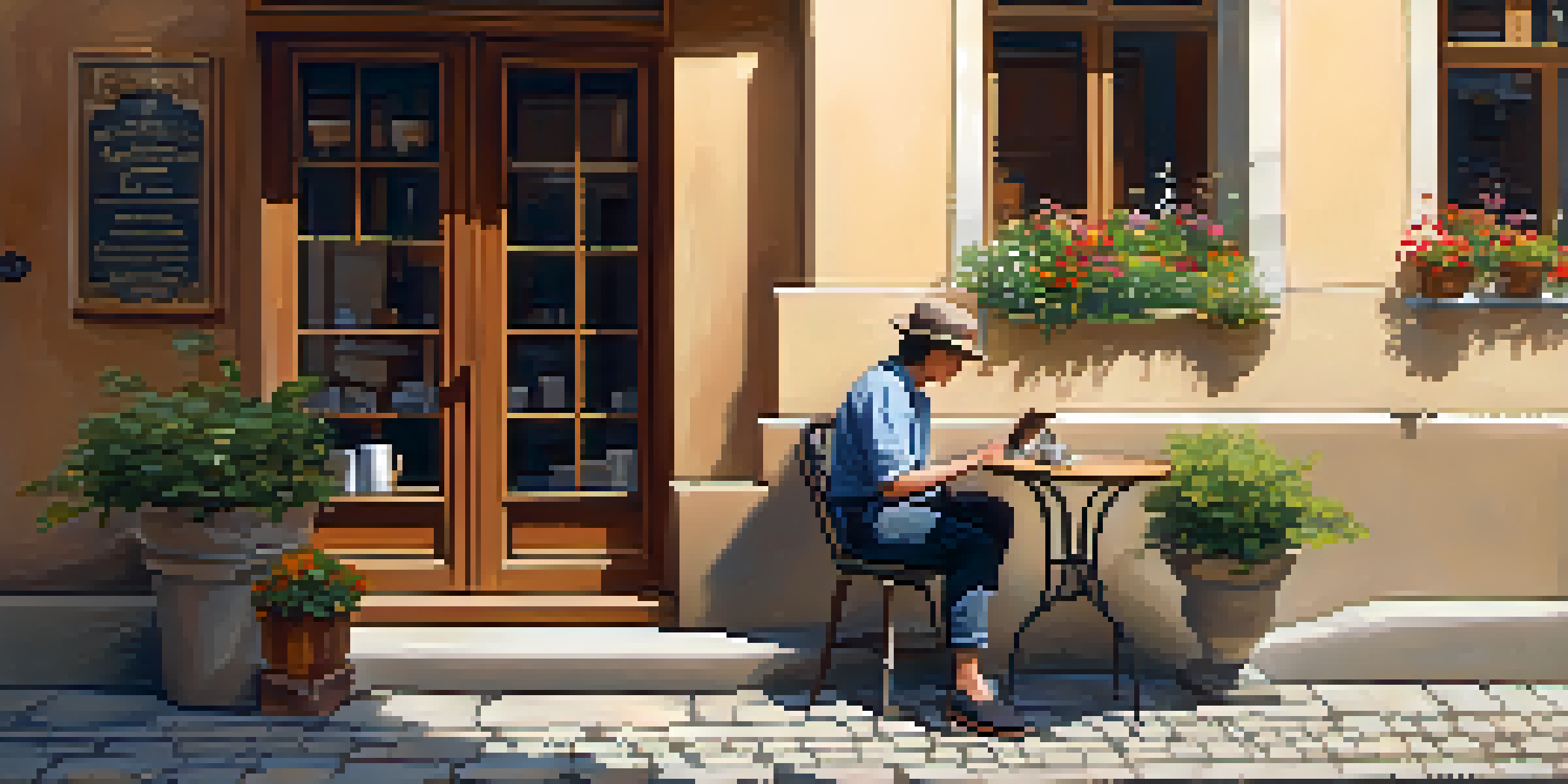 A traveler enjoying coffee at a café while reading an e-book, surrounded by a beautiful European cityscape.