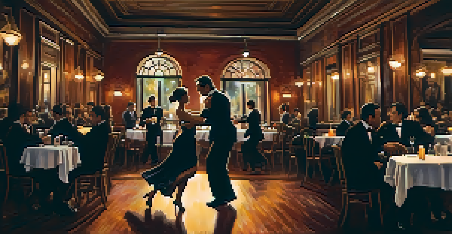 A tango dance performance in a cozy Buenos Aires café, showcasing dancers in traditional attire under soft lighting.
