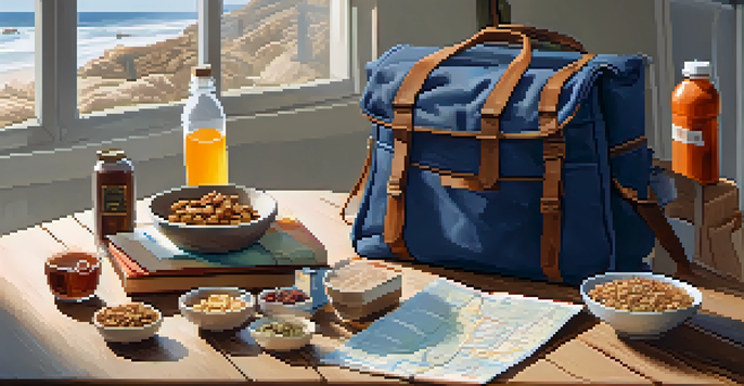 A travel bag opened on a wooden table filled with healthy snacks like granola bars and dried fruit, with a travel journal and map in the background.