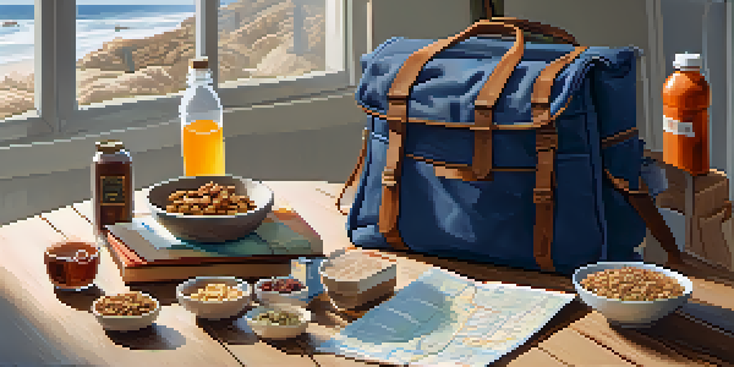 A travel bag opened on a wooden table filled with healthy snacks like granola bars and dried fruit, with a travel journal and map in the background.