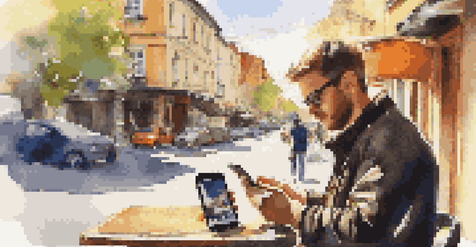 A traveler editing photos on a smartphone at a café, surrounded by camera gear and a vibrant street scene in the background.