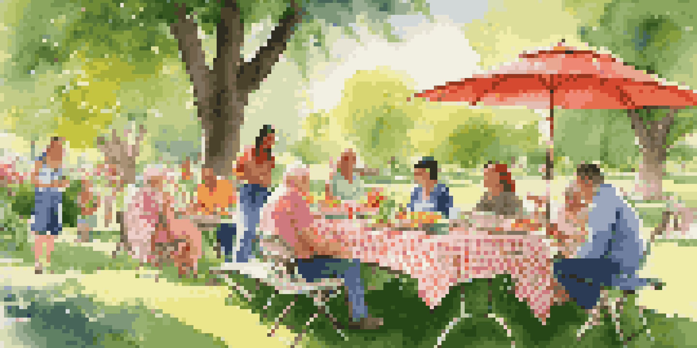 A family reunion in a park with a picnic table, people enjoying food and laughter, and colorful flowers around.